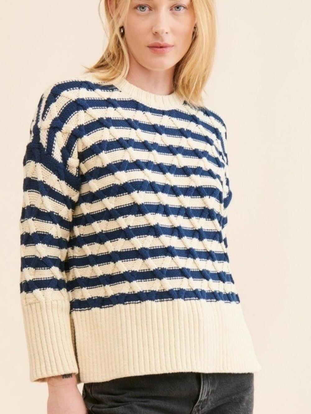 New Madewell XS Navy Blue Cream Yasmin Stripe Cable Knit Very Oversized Sweater
